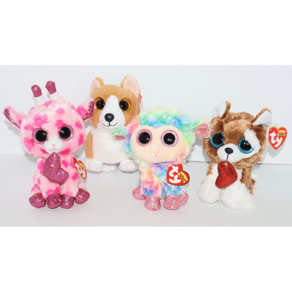 Ty Beanie Boos Bundle Giraffe Lamb Dog Corgi Plush Heart Glitter Eyes Lot of 4